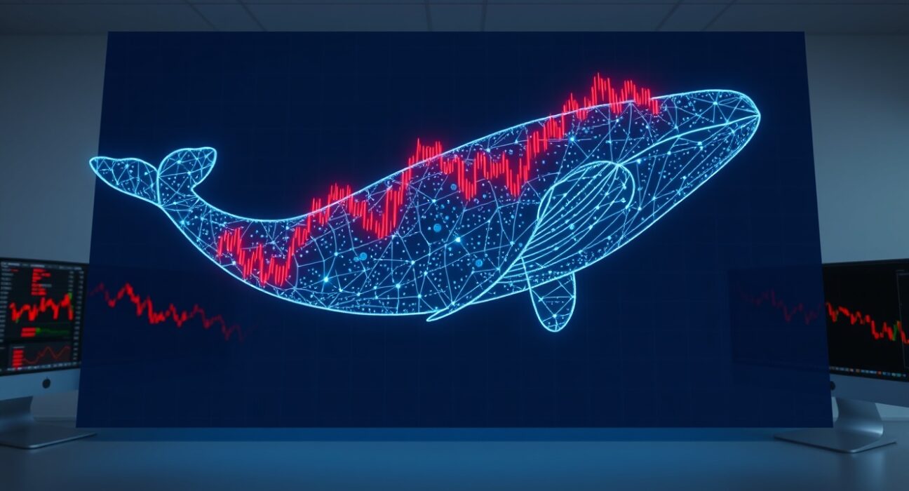 A Bitcoin whale selling cryptocurrency at a significant loss, represented by a digital whale moving through a declining market chart.