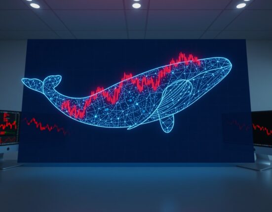 A Bitcoin whale selling cryptocurrency at a significant loss, represented by a digital whale moving through a declining market chart.