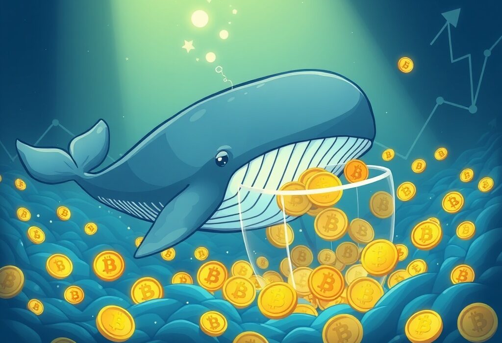 A cartoon Bitcoin whale collecting large amounts of BTC, illustrating significant cryptocurrency accumulation.