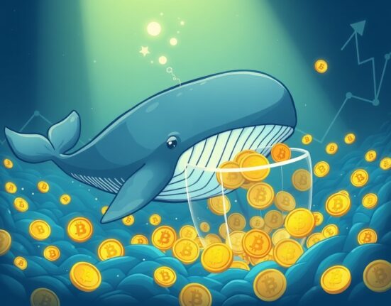 A cartoon Bitcoin whale collecting large amounts of BTC, illustrating significant cryptocurrency accumulation.