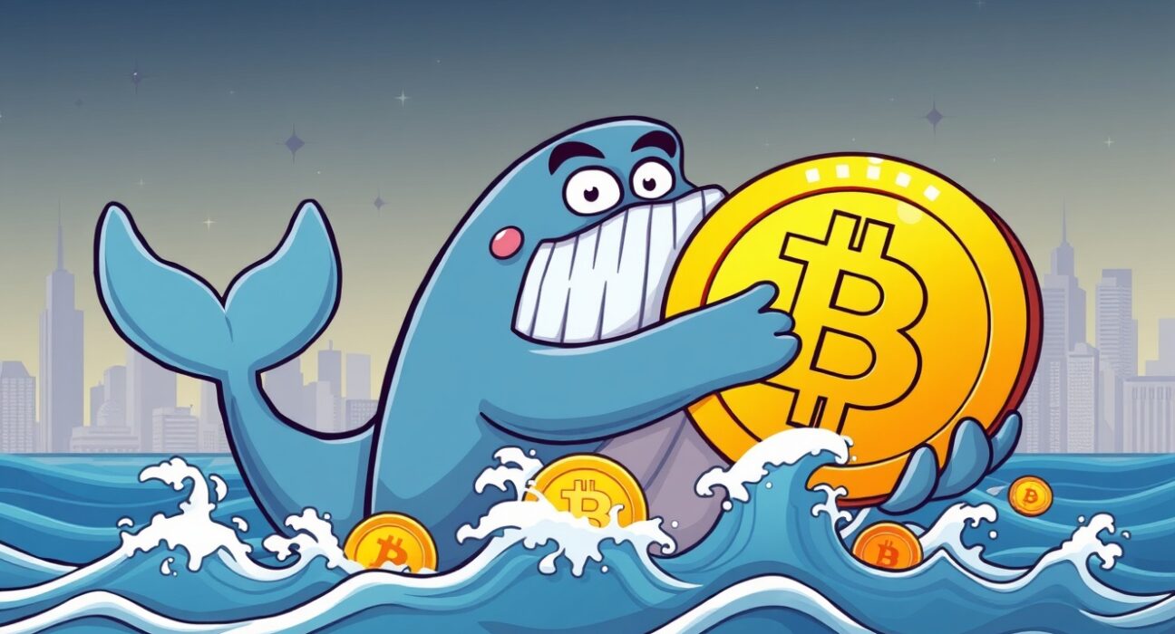 A cartoon Bitcoin whale holding a large BTC coin, symbolizing the massive accumulation of $100M in Bitcoin from an exchange.