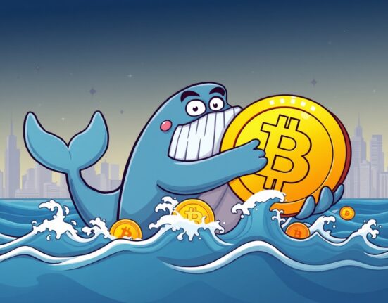 A cartoon Bitcoin whale holding a large BTC coin, symbolizing the massive accumulation of $100M in Bitcoin from an exchange.