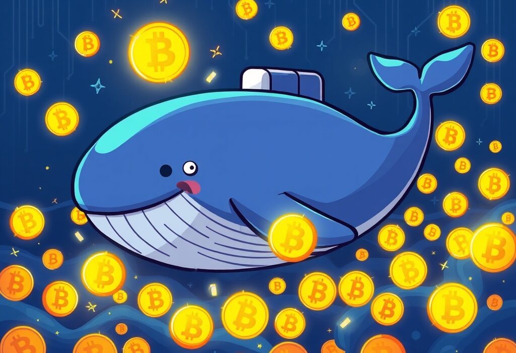 A large, cartoon Bitcoin whale confidently acquiring a substantial amount of Bitcoin, representing significant market activity.