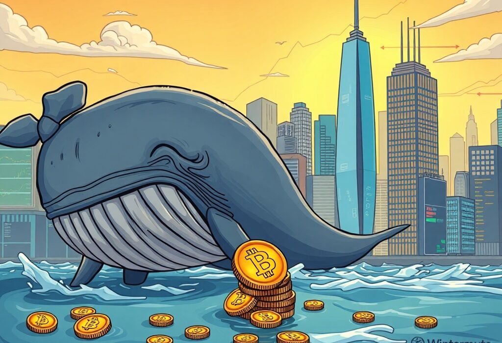A cartoon illustration of a large, ancient Bitcoin whale gently moving a small portion of its digital wealth, signaling significant market activity.