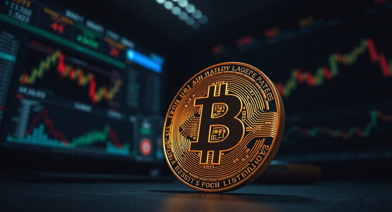 Bitcoin coin with blurred trading charts in background symbolizing large withdrawal