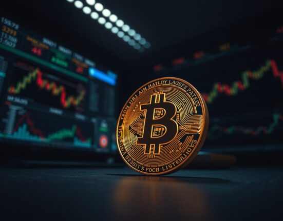Bitcoin coin with blurred trading charts in background symbolizing large withdrawal