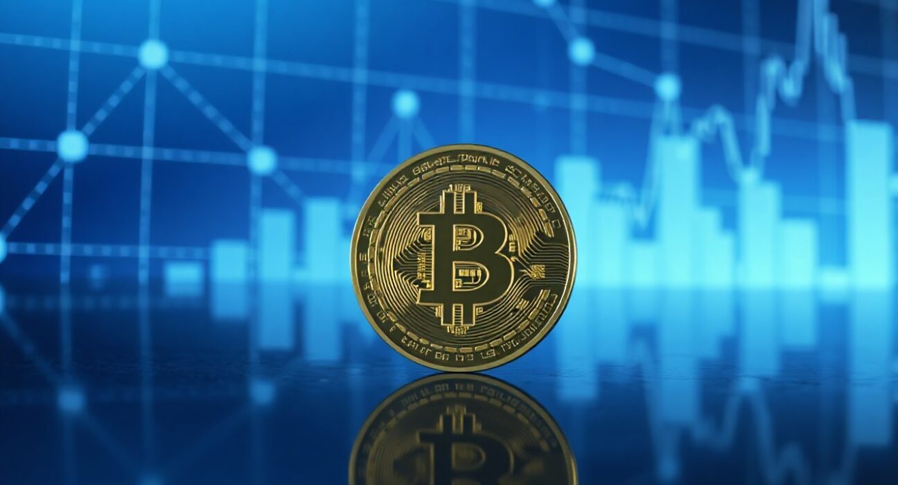 Bitcoin coin on reflective surface with digital network overlay, symbolizing whale transaction monitoring.