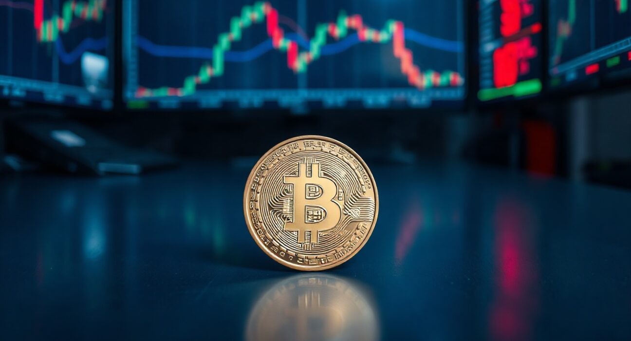Bitcoin coin on a reflective surface with blurred trading screens in the background