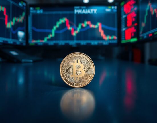 Bitcoin coin on a reflective surface with blurred trading screens in the background