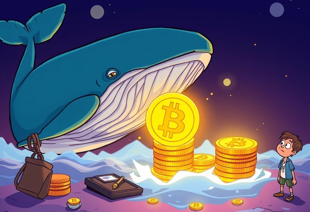 A cartoon illustration showing a Bitcoin whale moving a large amount of BTC, symbolizing the significant transfer after five years of dormancy.