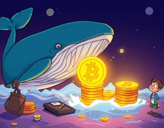 A cartoon illustration showing a Bitcoin whale moving a large amount of BTC, symbolizing the significant transfer after five years of dormancy.