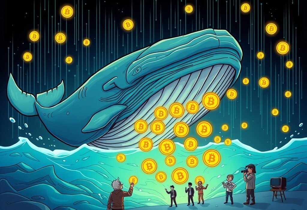 Cartoon illustration of a dormant Bitcoin whale moving large amounts of BTC to market makers, symbolizing a major crypto transfer.