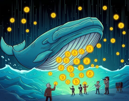 Cartoon illustration of a dormant Bitcoin whale moving large amounts of BTC to market makers, symbolizing a major crypto transfer.