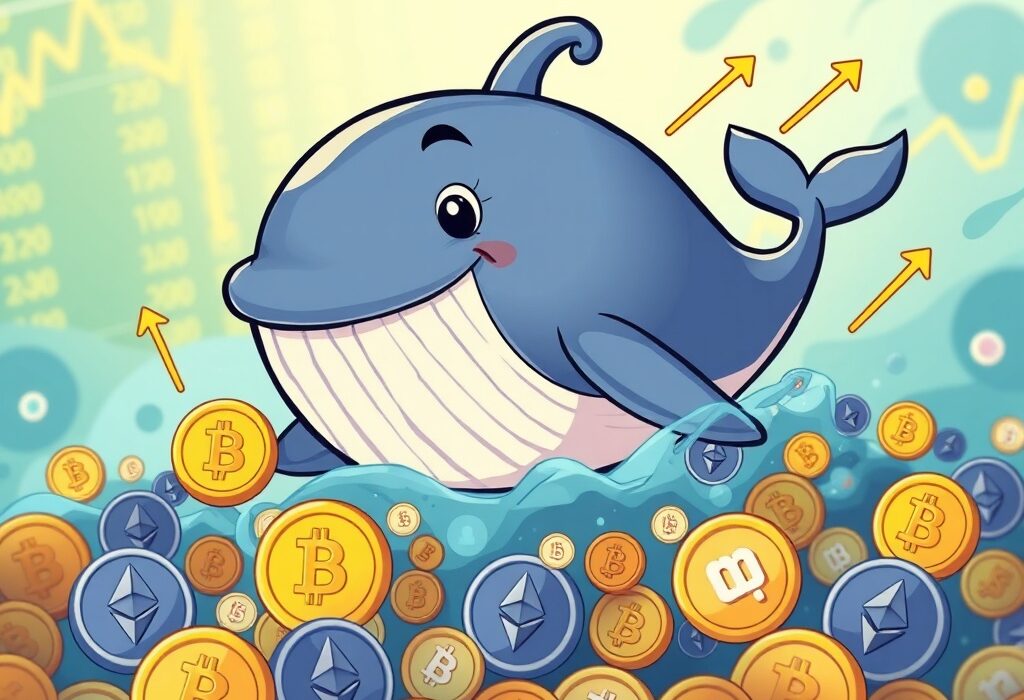 A cartoon whale joyfully swimming with Bitcoin and Ethereum symbols, representing significant Bitcoin whale profit from crypto trading.