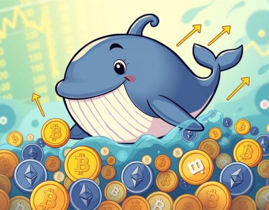 A cartoon whale joyfully swimming with Bitcoin and Ethereum symbols, representing significant Bitcoin whale profit from crypto trading.