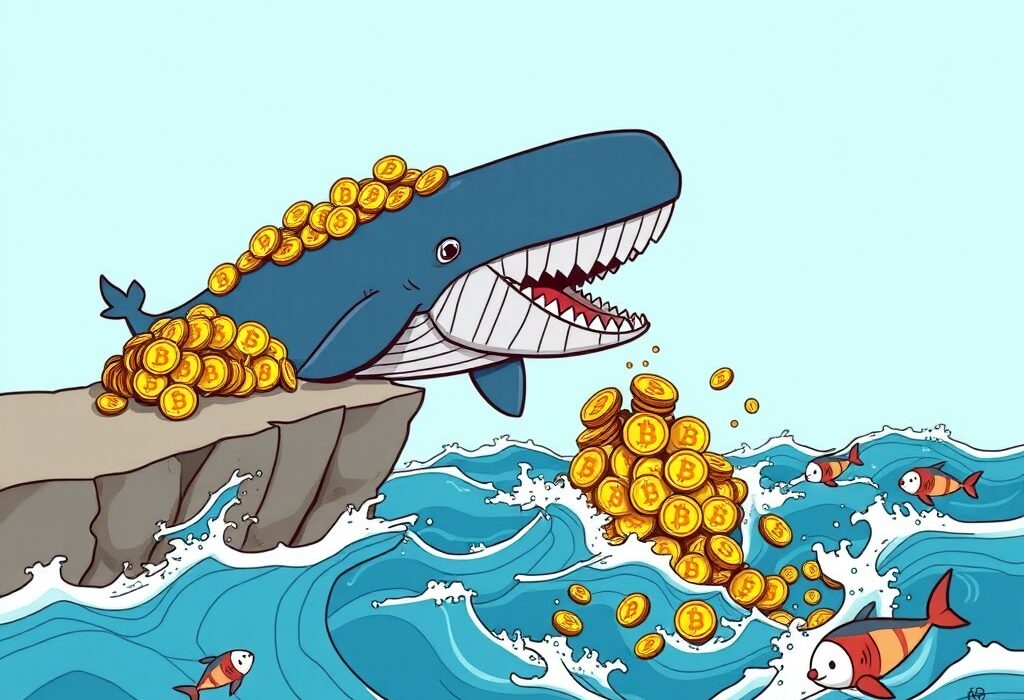 Cartoon whale dumping Bitcoin, illustrating the massive Bitcoin Whale Sell-Off and its impact on the crypto market.