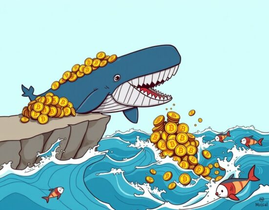 Cartoon whale dumping Bitcoin, illustrating the massive Bitcoin Whale Sell-Off and its impact on the crypto market.