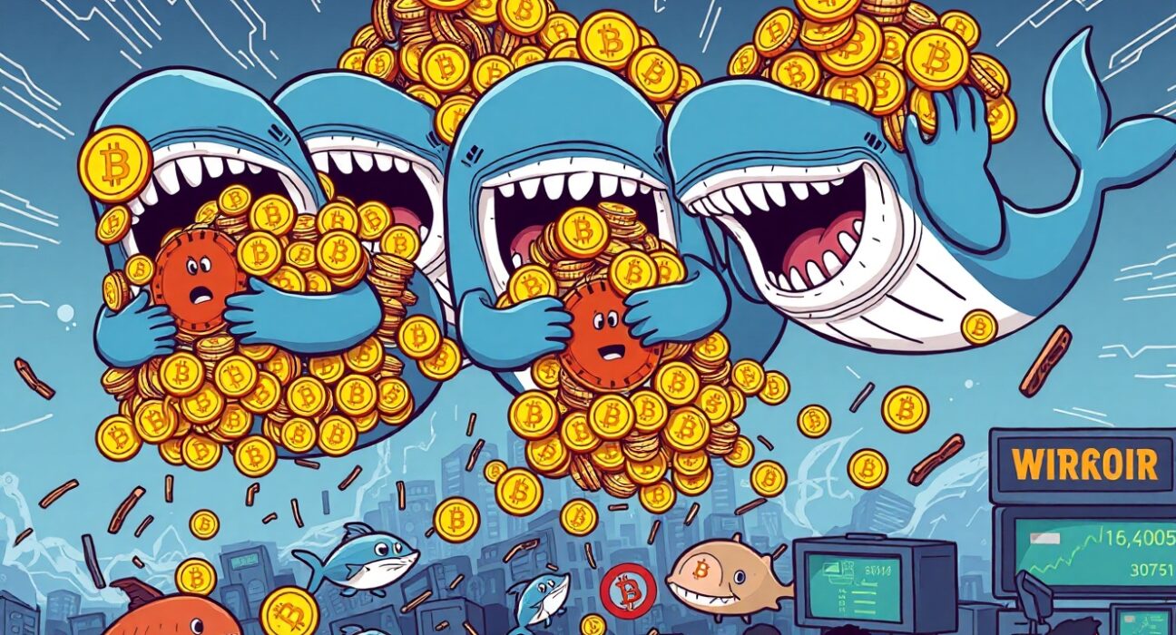 A cartoon illustration depicting a significant Bitcoin whale sell-off, highlighting the impact on the crypto market.