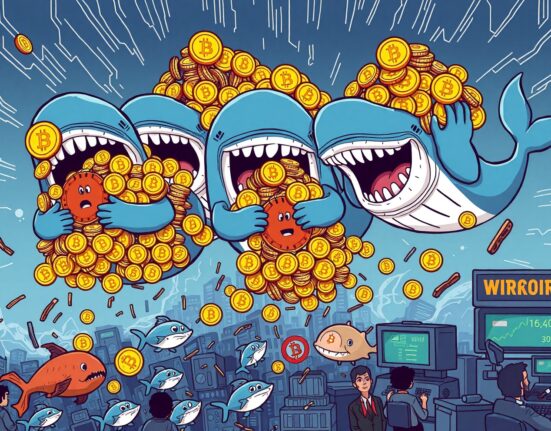 A cartoon illustration depicting a significant Bitcoin whale sell-off, highlighting the impact on the crypto market.