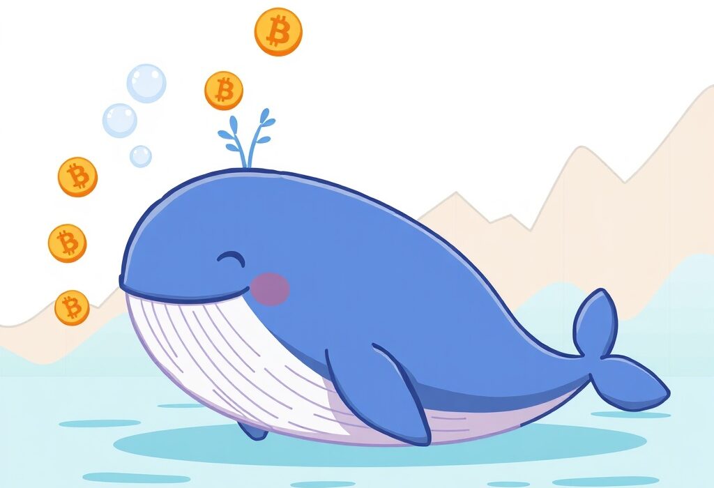 A cartoon whale showing reduced Bitcoin whale selling pressure, signaling a potential positive shift in BTC market dynamics.