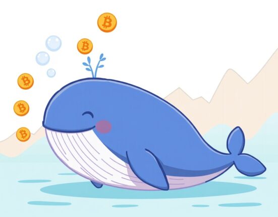 A cartoon whale showing reduced Bitcoin whale selling pressure, signaling a potential positive shift in BTC market dynamics.