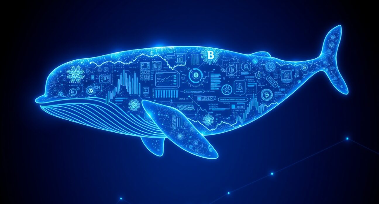 A Bitcoin whale represented as a digital entity moving through the blockchain network during a major sell-off.