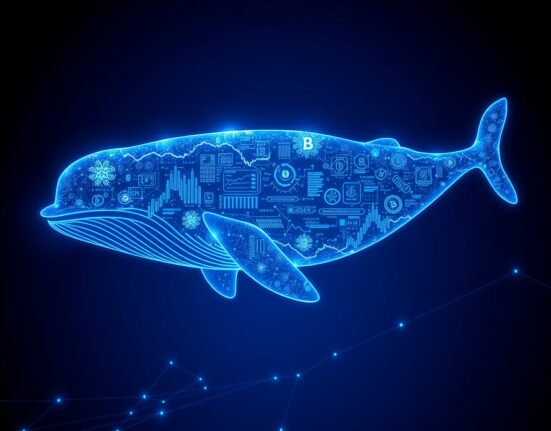 A Bitcoin whale represented as a digital entity moving through the blockchain network during a major sell-off.