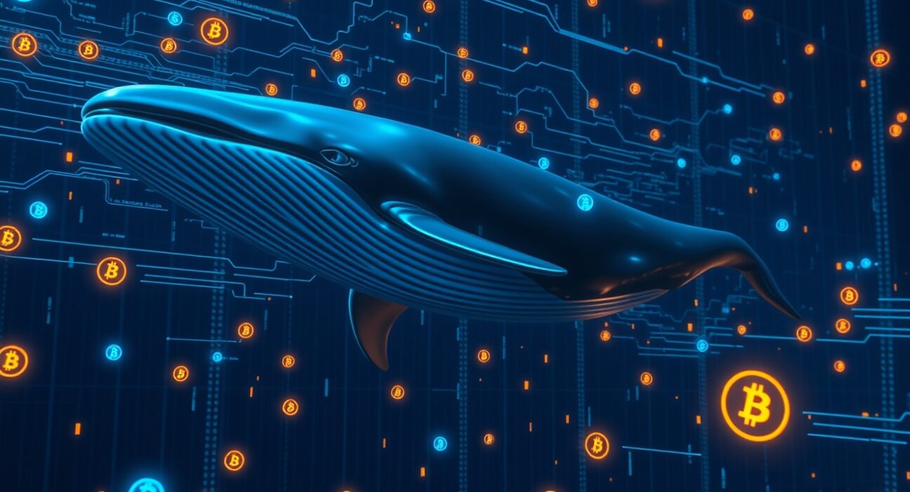 Digital whale swimming through cryptocurrency data streams representing a large Bitcoin transaction.