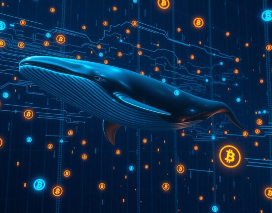 Digital whale swimming through cryptocurrency data streams representing a large Bitcoin transaction.