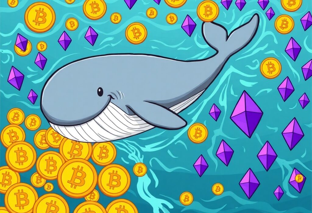 A cartoon Bitcoin whale making a strategic shift from BTC to ETH, symbolizing a major crypto asset reallocation.