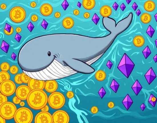 A cartoon Bitcoin whale making a strategic shift from BTC to ETH, symbolizing a major crypto asset reallocation.