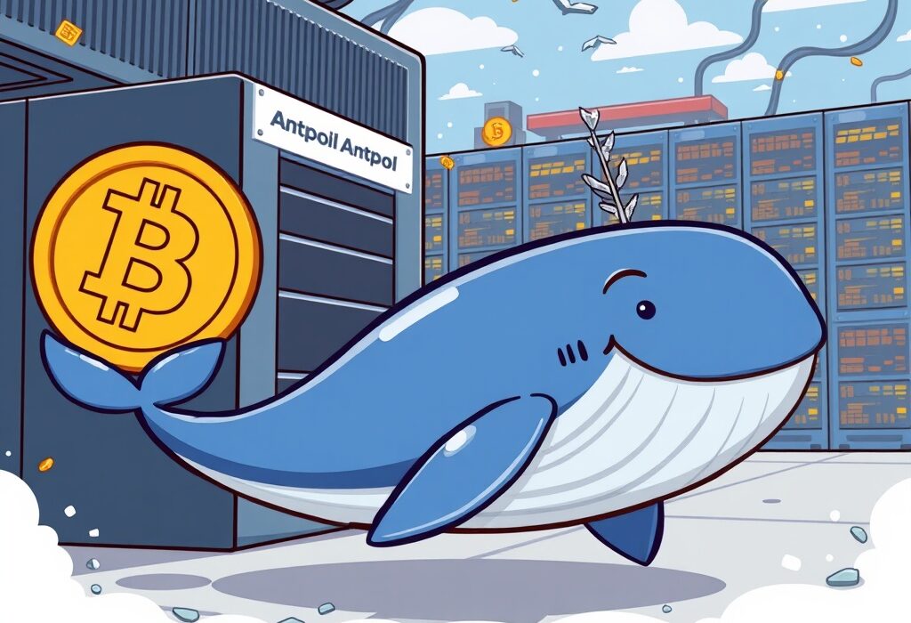 A cartoon illustration depicting a significant Bitcoin whale transaction, showing a large whale moving digital currency towards a mining pool.