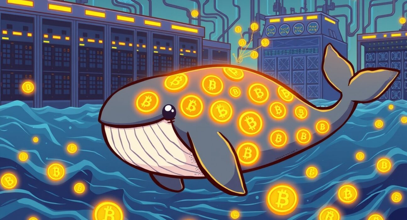 A cartoon illustration of a Bitcoin whale transaction moving massive value through the blockchain network.