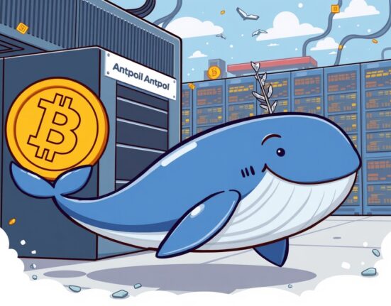 A cartoon illustration depicting a significant Bitcoin whale transaction, showing a large whale moving digital currency towards a mining pool.
