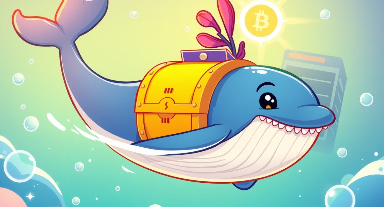 A cartoon illustration of a Bitcoin whale making a massive transfer to a cryptocurrency exchange.