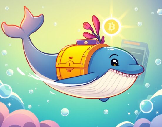 A cartoon illustration of a Bitcoin whale making a massive transfer to a cryptocurrency exchange.