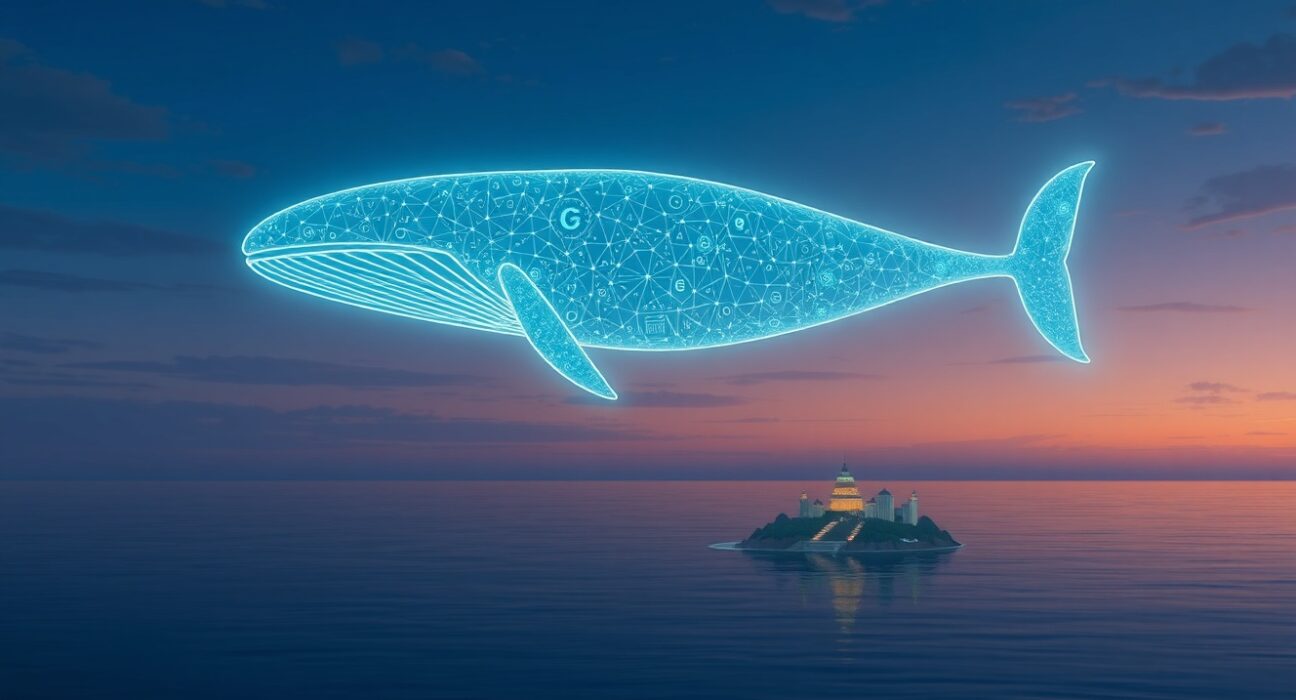 Conceptual illustration of a monumental Bitcoin whale transaction flowing to a cryptocurrency exchange.