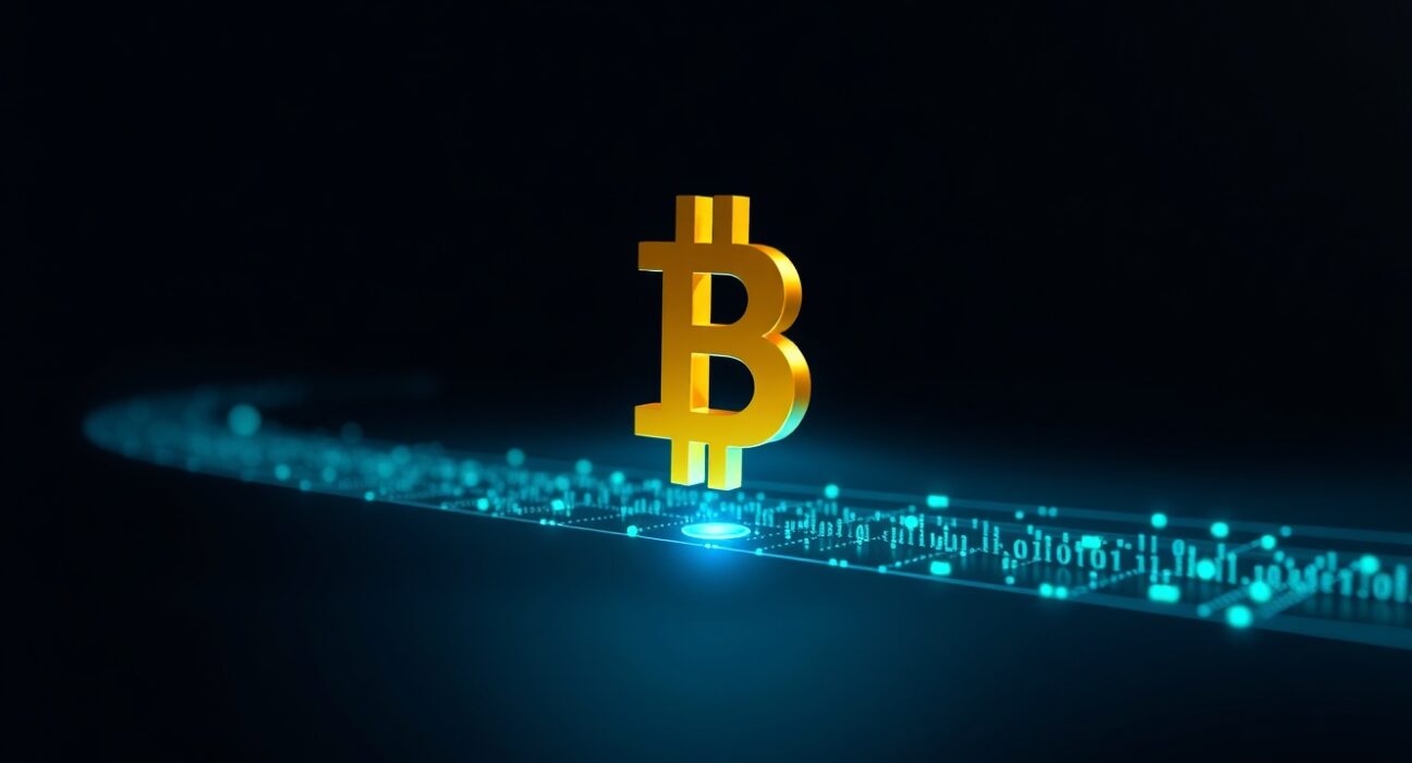 Conceptual image of a significant Bitcoin transaction moving on the blockchain.