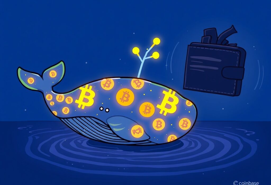 A cartoon illustration of a colossal Bitcoin whale transfer from Coinbase to an unknown wallet, symbolizing a major market event.