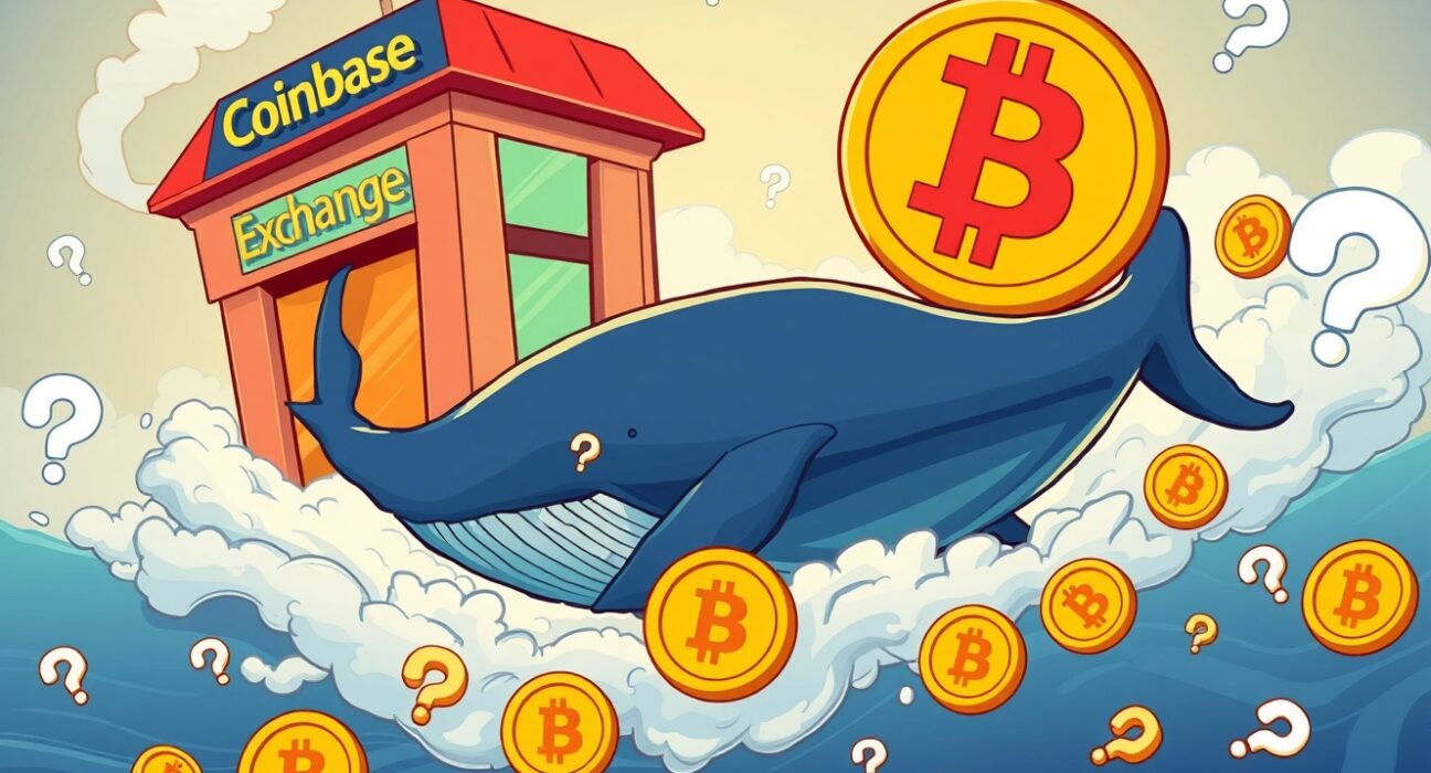 Cartoon illustration of a large digital whale making a significant Bitcoin whale transfer from an exchange to an unknown wallet.