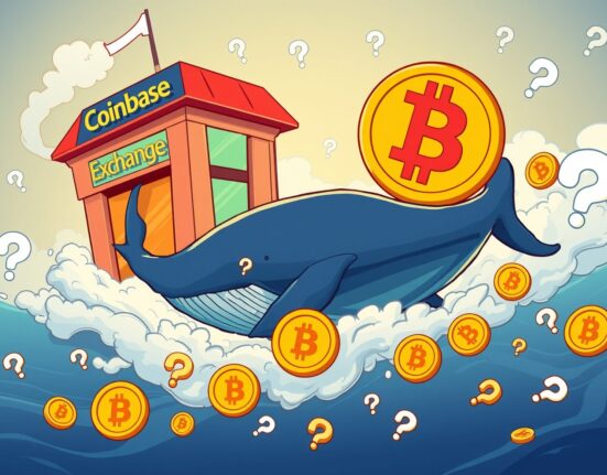 Cartoon illustration of a large digital whale making a significant Bitcoin whale transfer from an exchange to an unknown wallet.