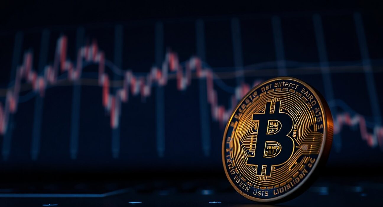 Bitcoin coin with glowing blockchain network background representing large cryptocurrency transfer