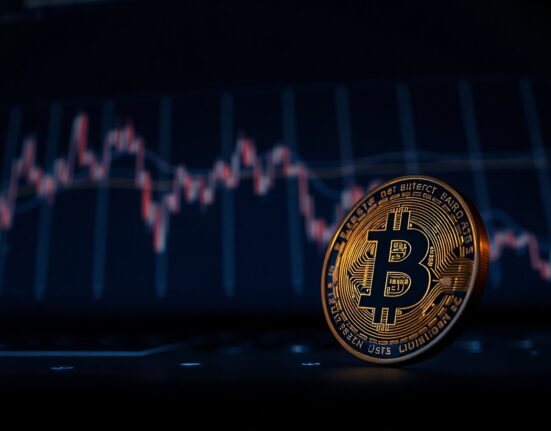 Bitcoin coin with glowing blockchain network background representing large cryptocurrency transfer