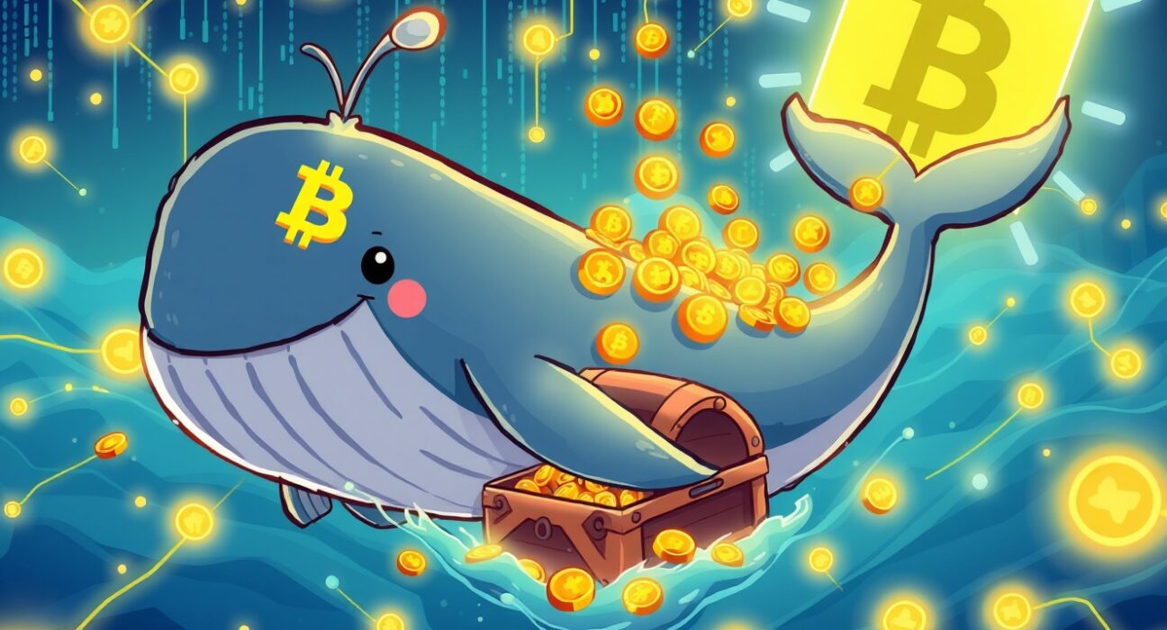 A cartoon Bitcoin whale carrying a treasure chest in a vibrant digital ocean, symbolizing a massive cryptocurrency transfer.