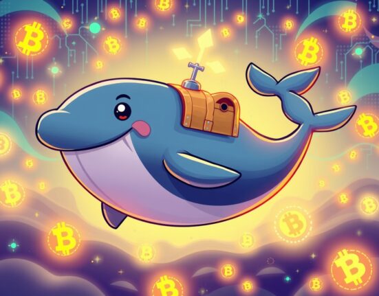 A cartoon whale symbolizing a massive Bitcoin whale transfer moving through a digital blockchain ocean.