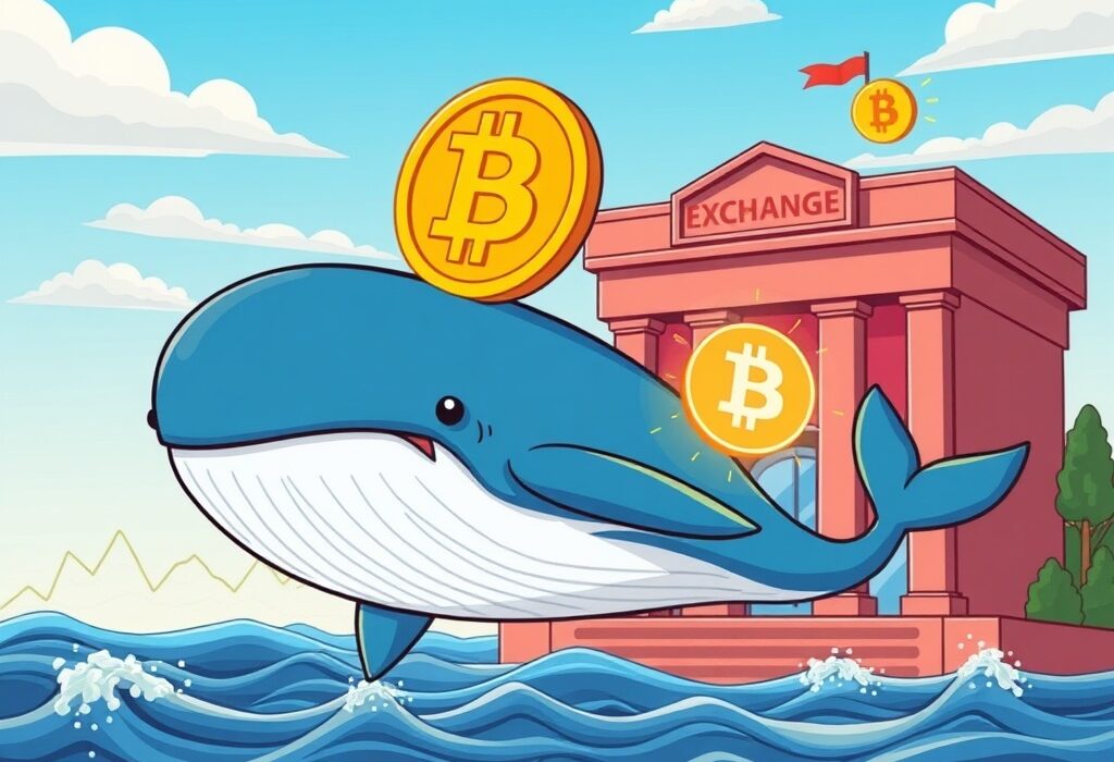 A cartoon illustration showing a massive Bitcoin whale transfer, symbolizing a significant movement of BTC from an exchange.