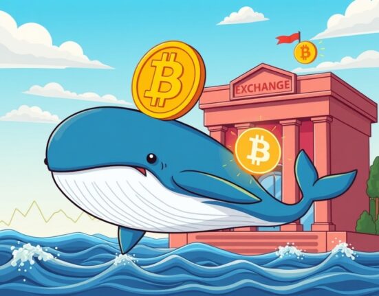 A cartoon illustration showing a massive Bitcoin whale transfer, symbolizing a significant movement of BTC from an exchange.