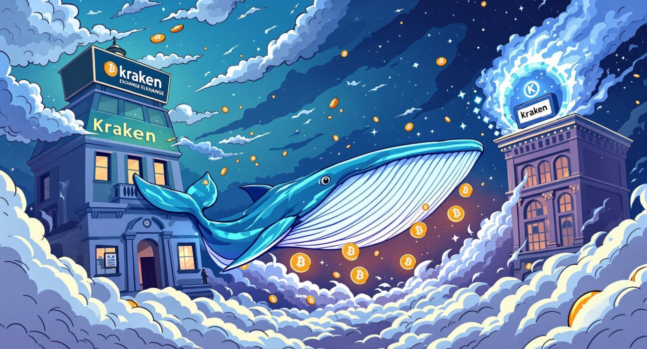 A cartoon illustration of a large Bitcoin whale transfer from an exchange to an unknown wallet, signifying significant market movement.