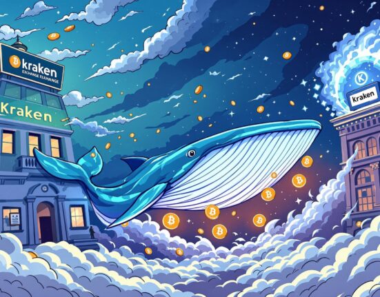 A cartoon Bitcoin whale transfer of a massive amount of BTC from an exchange, symbolizing significant market movements.