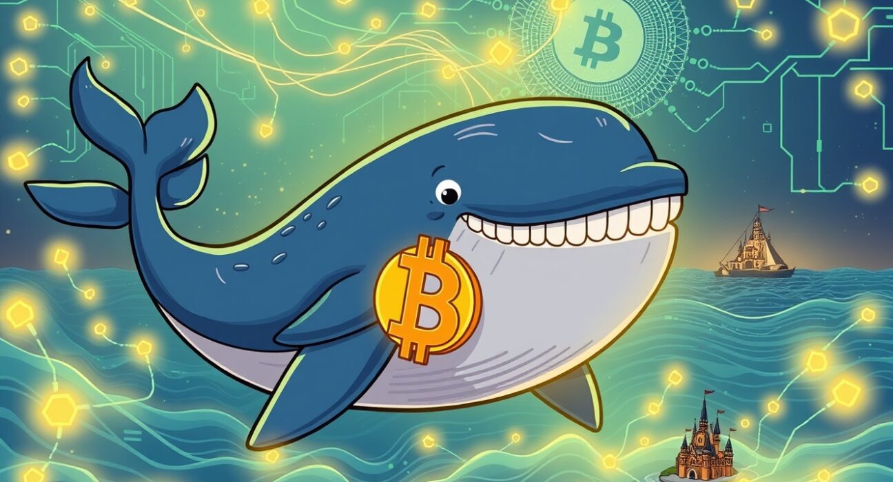 A cartoon whale carrying Bitcoin in a vibrant digital ocean, illustrating a major Bitcoin whale transfer from an exchange.